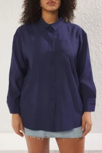 Trendyol Curve More Sustainable Navy Blue Modal Soft Touch Weaving Plus Size Shirt - Image 3