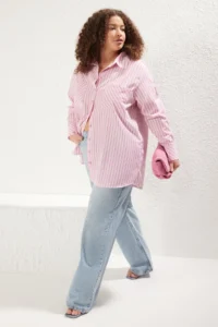 Trendyol Curve Pink Striped double pocket Weaving Plus Size Shirt