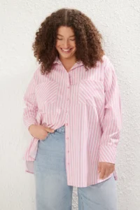Trendyol Curve Pink Striped double pocket Weaving Plus Size Shirt - Image 2