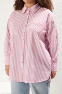 Trendyol Curve Pink Striped double pocket Weaving Plus Size Shirt - Image 3
