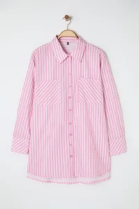 Trendyol Curve Pink Striped double pocket Weaving Plus Size Shirt - Image 6