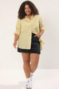 Trendyol Curve Yellow Striped double pocket Weaving Plus Size Shirt