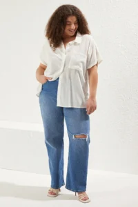 Trendyol Curve White Short Sleeve with pocket textured seersucker Weaving Fabric Plus Size Shirt