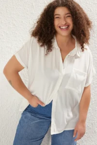 Trendyol Curve White Short Sleeve with pocket textured seersucker Weaving Fabric Plus Size Shirt - Image 2
