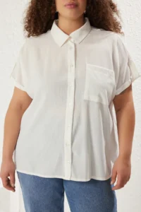 Trendyol Curve White Short Sleeve with pocket textured seersucker Weaving Fabric Plus Size Shirt - Image 3