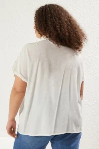Trendyol Curve White Short Sleeve with pocket textured seersucker Weaving Fabric Plus Size Shirt - Image 5