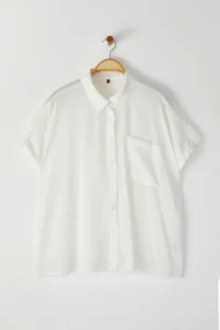 Trendyol Curve White Short Sleeve with pocket textured seersucker Weaving Fabric Plus Size Shirt - Image 6