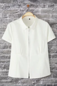 Trendyol Curve Ecru Short Sleeve Fonksiyonel Zippered Weaving Plus Size Shirt - Image 5