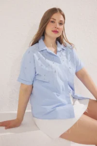 Trendyol Curve Mavi Short Sleeve Stone Weaving Plus Size Shirt - Image 2