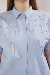 Trendyol Curve Mavi Short Sleeve Stone Weaving Plus Size Shirt - Image 3