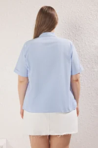 Trendyol Curve Mavi Short Sleeve Stone Weaving Plus Size Shirt - Image 4