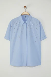 Trendyol Curve Mavi Short Sleeve Stone Weaving Plus Size Shirt - Image 5