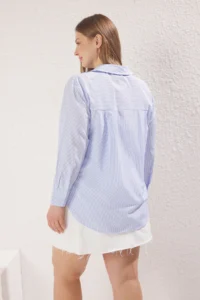 Trendyol Curve Mavi Striped Heart Embroidered Weaving Plus Size Shirt - Image 4