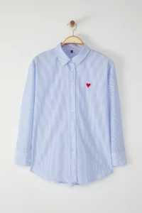 Trendyol Curve Mavi Striped Heart Embroidered Weaving Plus Size Shirt - Image 5