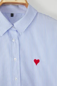 Trendyol Curve Mavi Striped Heart Embroidered Weaving Plus Size Shirt - Image 6