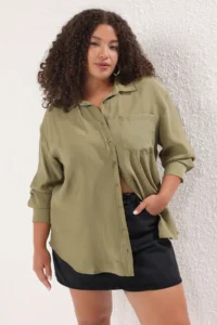 Trendyol Curve More Sustainable Khaki Modal Soft Touch Weaving Plus Size Shirt