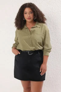 Trendyol Curve More Sustainable Khaki Modal Soft Touch Weaving Plus Size Shirt - Image 2
