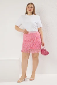 Trendyol Curve Pink Ruffled Skirt Mini Size Tulle Knitting Plus Size Skirt - Image 2