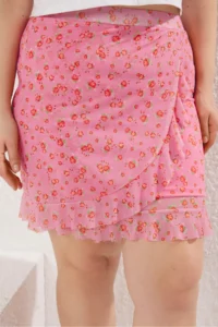 Trendyol Curve Pink Ruffled Skirt Mini Size Tulle Knitting Plus Size Skirt - Image 3