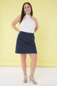 Trendyol Curve Dark Blue Ethnic Patterned Mini denim Plus Size Skirt