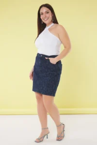 Trendyol Curve Dark Blue Ethnic Patterned Mini denim Plus Size Skirt - Image 2