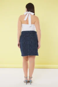 Trendyol Curve Dark Blue Ethnic Patterned Mini denim Plus Size Skirt - Image 4
