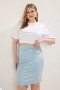 Trendyol Curve Mavi Stone Detailed Mini Knitting Plus Size Skirt - Image 2