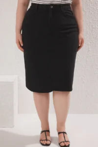 Trendyol Curve Black Midi Size Comofrt/Middle Flexible denim Plus Size Skirt - Image 3