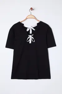 Trendyol Curve Black Regular Fit Tie Back Detailed Knitting Plus Size T-Shirt - Image 9