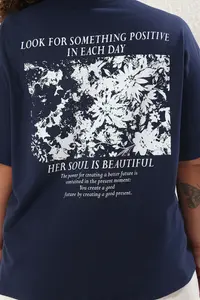 Trendyol Curve Navy Blue Oversized Fit 100% Cotton Front and Back Printed Knitting Plus Size T-Shirt - Image 4