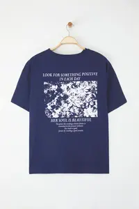Trendyol Curve Navy Blue Oversized Fit 100% Cotton Front and Back Printed Knitting Plus Size T-Shirt - Image 7