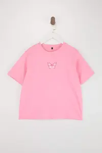 Trendyol Curve Pink Crew Neck Kelebek Printed Crop Knitting Plus Size T-Shirt