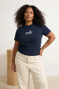 Trendyol Curve Navy Blue Regular Fit Matcha Printed Plus Size T-Shirt