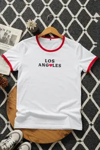 Trendyol Curve White Crew Neck Basic Fit Los Angeles  Printed 100% Cotton Plus Size Knitting Tshirt
