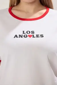 Trendyol Curve White Crew Neck Basic Fit Los Angeles  Printed 100% Cotton Plus Size Knitting Tshirt - Image 4