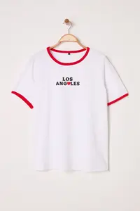 Trendyol Curve White Crew Neck Basic Fit Los Angeles  Printed 100% Cotton Plus Size Knitting Tshirt - Image 6