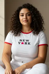 Trendyol Curve White Crew Neck Basic Fit New York Printed 100% Cotton Plus Size Knitting Tshirt - Image 2