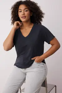 Trendyol Curve Anthracite V-neck Modal Flowy Comfortable Plus Size T-Shirt - Image 2