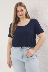 Trendyol Curve Navy Blue Regular Fit Cowl Neck Plus Size T-Shirt - Image 2