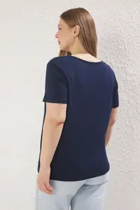 Trendyol Curve Navy Blue Regular Fit Cowl Neck Plus Size T-Shirt - Image 4