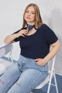 Trendyol Curve Navy Blue Regular Fit Cowl Neck Plus Size T-Shirt - Image 6