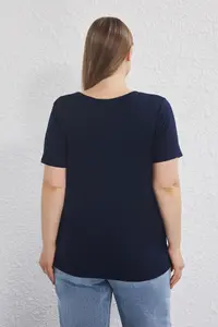 Trendyol Curve Navy Blue Regular Fit Cowl Neck Plus Size T-Shirt - Image 8