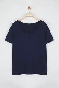 Trendyol Curve Navy Blue Regular Fit Cowl Neck Plus Size T-Shirt - Image 9