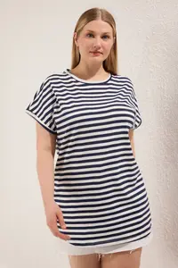 Trendyol Curve Multicolored Striped LONG Size Plus Size T-Shirt