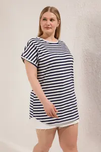 Trendyol Curve Multicolored Striped LONG Size Plus Size T-Shirt - Image 2