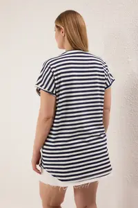 Trendyol Curve Multicolored Striped LONG Size Plus Size T-Shirt - Image 4