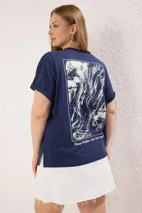 Trendyol Curve Navy Blue Back Printed Plus Size T-Shirt - Image 2