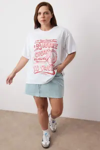 Trendyol Curve White 100% single jersey Printed Oversized/Rahat Cut Knitting Plus Size T-Shirt