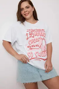Trendyol Curve White 100% single jersey Printed Oversized/Rahat Cut Knitting Plus Size T-Shirt - Image 2