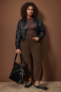 Trendyol Curve Brown High Waist Bagyy Fit 100% Cotton Non-Stretch plus size jeans
